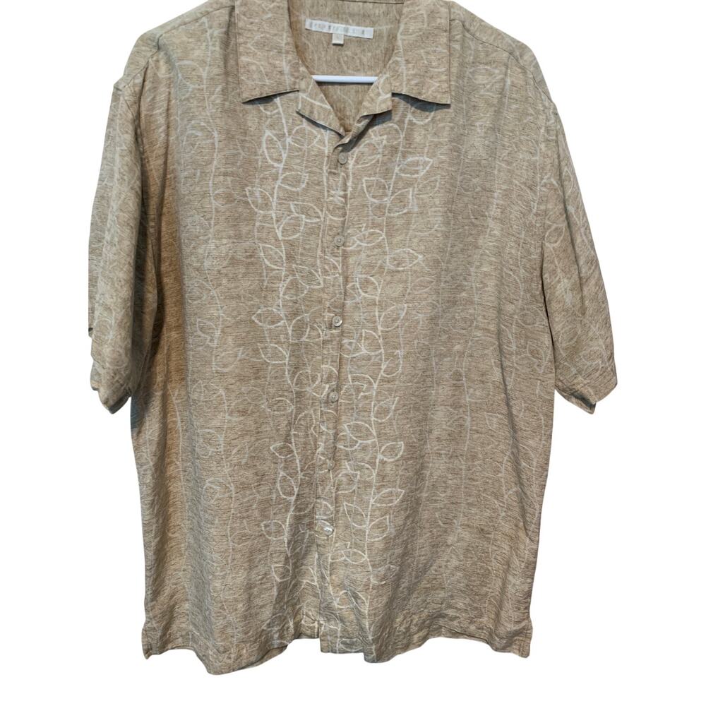 VTG PERRY ELLIS TAN LEAF PATTERN BUTTON UP SHORT SLEEVE SILK/LINEN MEN'S SIZE L